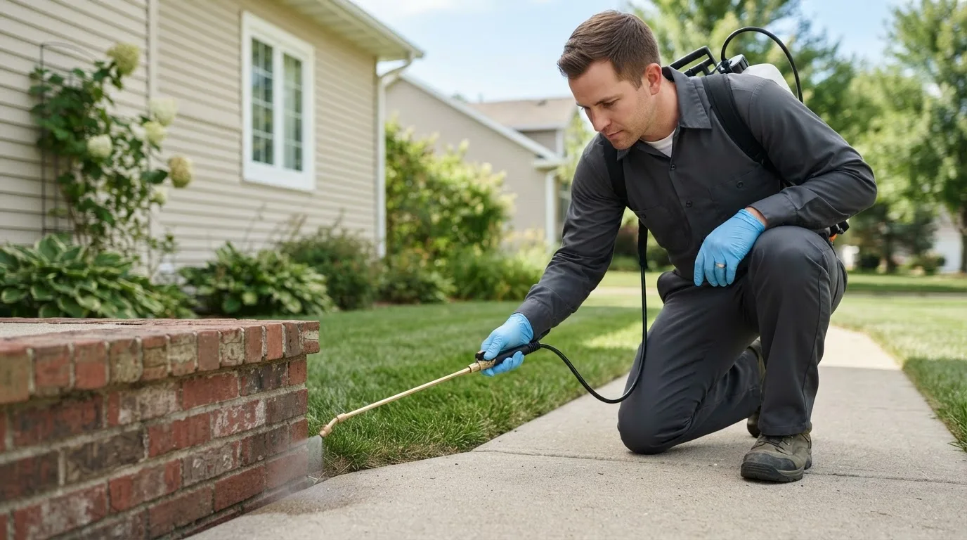 Pest control technician treating a home near Lacona, IA