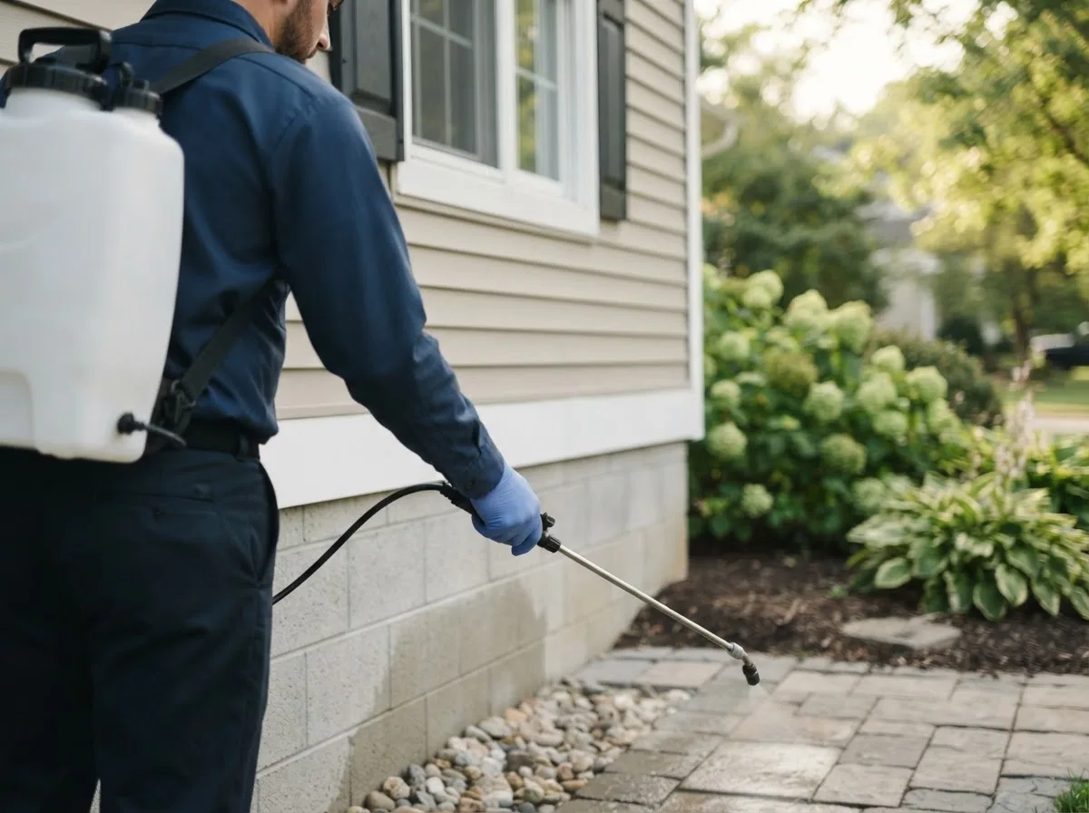 Pest control technician inspecting a home in Lacona, IA